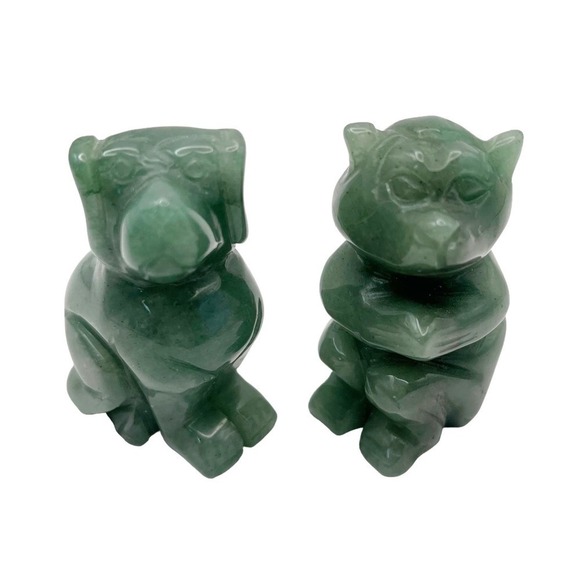 Set of 2 Polished Stone Bear Dog Figurines Sitting Green Mini Size 2 in Tall - Picture 1 of 12